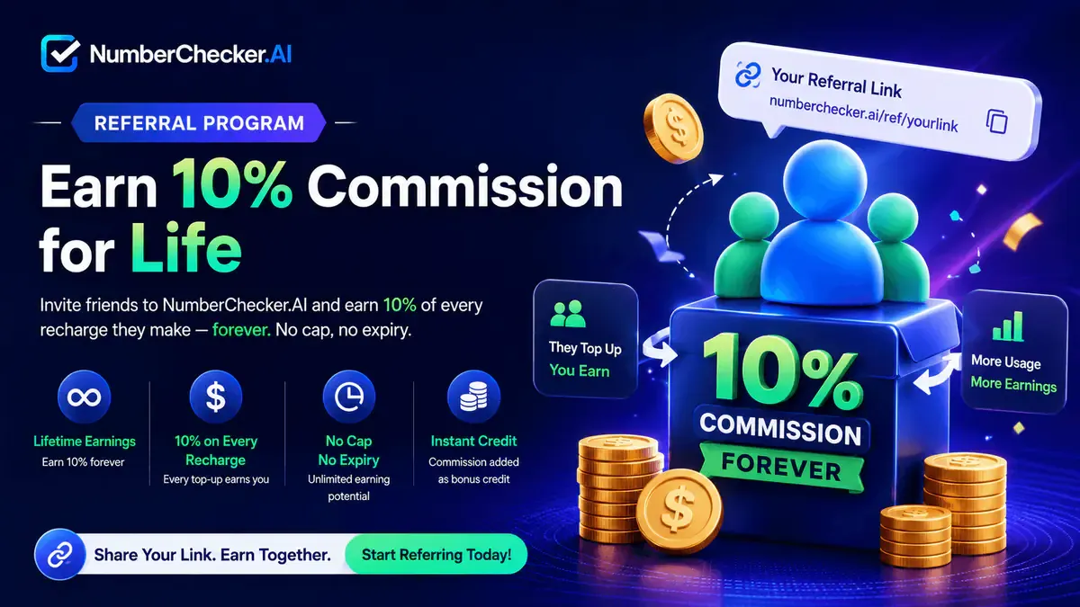 Earn 10% Commission for Life: NumberChecker.AI Referral Program