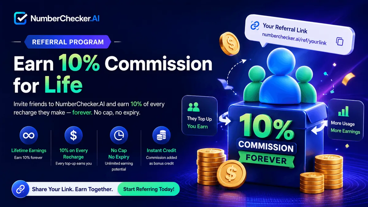 Earn 10% Commission for Life: NumberChecker.AI Referral Program